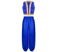 TiaoBug Disfraces De Príncipe Aladino Niños Chaleco Delantero Abierto Y Pantalones De Cintura ElásticaTraje Cosplay Actuación Carnaval Azul real 9-10 años
