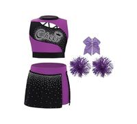 TiaoBug Disfraz De Líder De Animadora Para Niñas Crop Top Y Falda De Plisada Con Pompones Disfraz De Carnaval O Evento Deportivo Morado 11-12 años
