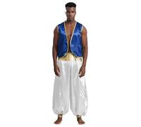 TiaoBug Disfraz De Princípe Árabe Hombres Chaleco Sin Mangas Morado + Pantalones Disfraz Para Fiestas Temáticas Halloween O Carnaval Royal Blue&White M