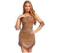 TiaoBug Disfraz Vikingo Para Mujer Vestido De Gamuza Con Flecos Con Mangas De Princesa Nativa Americana Disfraz De Vaqueros E Indios Marrón M
