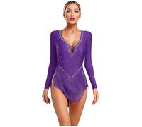 TiaoBug Maillot De Baile Latino para Mujer Leotardo De Ballet con Flecos Body De Danza Espalda Abierto Vestido De Patinaje Competición Morado XXL