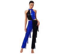 TiaoBug Mono De Baile Latino Con Flecos Para Mujer Maillot De Gimnasia Mameluco De Baile Hippie Disfraz De Discoteca De Los Años 70 Azul real S