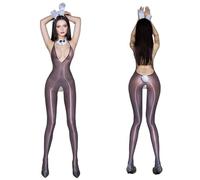 TiaoBug Mujer Body Malla Brillante Lazo Y Diadema con Orejas Conejo Bodycon Teddy Medias Cuerpo Nailon Club Gris Talla única