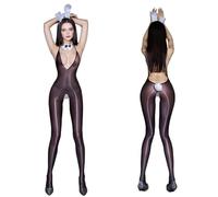 TiaoBug Mujer Body Malla Brillante Lazo Y Diadema con Orejas Conejo Bodycon Teddy Medias Cuerpo Nailon Club Negro Talla única