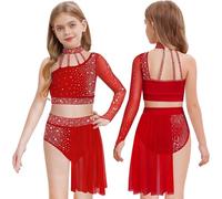 TiaoBug Niños Niñas Traje de Baile Lirico Moderno Contemporáneo con Rhinestones para Baile Representación Escénica y Esquí de Hielo borgoña 9-10 años