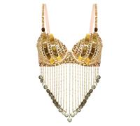 TiaoBug Top De Baile del Vientre para Mujer Sujetador De Danza Latina con Borlas Top De Lentejuelas Brillantes Bikini para Fiesta Halloween Dorado Talla única