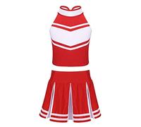 TiaoBug Traje de Animadora Disfraz de Animación Niñas Muchachas Maillots Danza Uniforme Escolar Crop Top Rayado Sin Mangas Falda Plisada Elástica Rojo 12 años