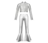 TiaoBug Traje De Baile Hip-Hop Jazz Niñas Crop Top De Manga Larga con Pantalones De Campana Disfraz De Baile Fiesta Actuación Plateado 5-6 años