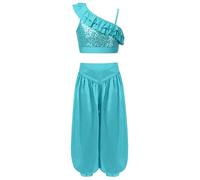 TiaoBug Traje De Danza del Vientre para Niñas Tops Sin Mangas Y Pantalones Bombacho Disfraz De Princesa Árabe Trajes Danza Oriental Azul 5-6 años