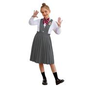 TiaoBug Uniforme Escolar para Niñas Camisa De Manga Larga + Vestido con Pliegues Sin Mangas+ Corbata De Lazo Calcetines Vestido Elegante De Colegiala Gris 9-10 años