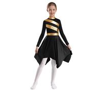 TiaoBug Vestido Brillante De Danza De Alabanza para Niñas Vestidos De Baile Manga Larga De Iglesia Adoración Disfraz De Danza Lírica Negro 13-14 años