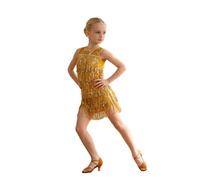 TiaoBug Vestido De Baile Latino con Flecos para Niñas Ropa De Baile para Rumba Samba Tango Cha Cha Traje De Competición Oro 5-6 años