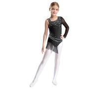 TiaoBug Vestido De Baile Latino para Niñas Leotardo Brillante con Borla Irregular Maillot De Patinaje Artístico Vestido De Danza Lírica Brillante Negro 15-16 años