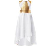 TiaoBug Vestido De Danza Cristiana para Niñas Vestido De Baile Asimétrico con Pantalones Holgados Túnica De Iglesia Blanco 9-10 años