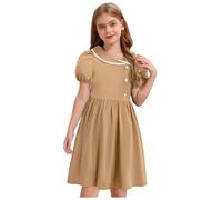 TiaoBug Vestido De Uniforme Escolar Niñas con Ribete De Encaje Cuello Vuelto Vestido Náutico De Manga Corta De Línea A Disfraz De Colegiala Academia Caqui 11-12 años