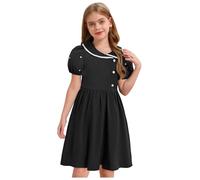 TiaoBug Vestido De Uniforme Escolar Niñas con Ribete De Encaje Cuello Vuelto Vestido Náutico De Manga Corta De Línea A Disfraz De Colegiala Academia Negro 5-6 años