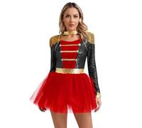 TiaoBug Vestido Domadora de Circo para Mujer Maillot de Circo Vestido de tutú sin Mangas Vestido Brillante de Danza Actuación Disfraz Ringmaster para Fiesta Negro A L
