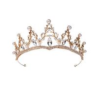 Tiara barroca Hoja Diamante de imitación Tiara Diadema Aleación de perlas Boda Tiara Cabello Joyas (Oro)
