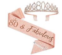 Tiara de corona de 80 cumpleaños de oro rosa y fabulosa faja de 80 cumpleaños para mujer, regalos de 80 cumpleaños para feliz 80 cumpleaños, suministros de regalo para fiesta de 80 cumpleaños