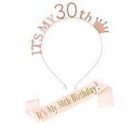 Tiara de cumpleaños para niña de 30 cumpleaños, 2 unidades, diadema de cumpleaños de oro rosa, banda de satén para cumpleaños