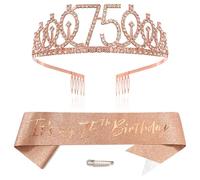 Tiara de oro rosa para cumpleaños número 75 para princesa, corona de cristal, reina, tiara de cumpleaños, decoración de feliz cumpleaños, kit de tiara de cumpleaños, accesorios de ropa de cumpleaños,