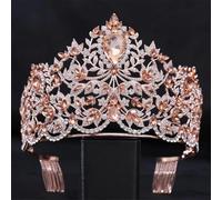 Tiara grande de diamantes de imitación para boda, corona de cristal, incrustada, reina, princesa, accesorios para el cabello, color oro rosa, melocotón