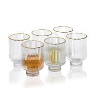 Tiara Optic Swirl - Juego de 6 vasos de vidrio estilo origami de 11.2 onzas con borde dorado, vasos acanalados transparentes vintage para agua, leche, zumo, café helado, uso diario