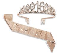 Tiara y banda para niñas, corona de diamantes de imitación de cumpleaños 16 y banda de satén decorativa, dulces regalos de cumpleaños de 16 años para niñas, suministros de recuerdo de fiesta de