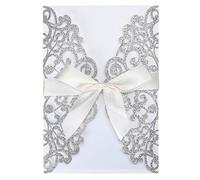 Tiardey 10 tarjetas de invitación de boda con purpurina floral cortadas con láser de 7.09 x 4.92 pulgadas con hoja interior en blanco y cinta para boda,compromiso,invitación de fiesta,color plateado