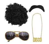 Tiardey 4PCS Hippie Accesorios Set Hippie Moda Afro Peluca Gafas de Sol Bigote y Disco Sign Collar para 50/60/70s Hippie Theme Party (Negro)