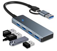 tiavalmax Hub USB 3.0 de 4 puertos de 5 Gbps, divisor de aluminio dual USB-A/C, adaptador expansor multipuerto ultrafino para iPhone 16/15, MacBook, iPad, portátil, PC, escritorio, disco duro, teclado