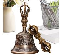 Tibetan Bells, Bajra Dorje, Buddhist Altar, Handmade Singing Bowl Set, Traditional Brass Handbells, (2-Piece Gold Set), Meditation Rituals Temple Wedding Kitchen Decor, 17x9.5cm Bronze