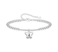 Tibond Delicada pulsera de cuentas de plata S925 con colgante de iniciales de mariposa para mujeres y niñas, regalo para hija, madre, Navidad, cumpleaños, 1.2cm, Plata, No es una piedra preciosa