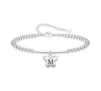 Tibond Delicada pulsera de cuentas de plata S925 con colgante de iniciales de mariposa para mujeres y niñas, regalo para hija, madre, Navidad, cumpleaños, 1.2cm, Plata, No es una piedra preciosa