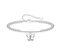 Tibond Delicada pulsera de cuentas de plata S925 con colgante de iniciales de mariposa para mujeres y niñas, regalo para hija, madre, Navidad, cumpleaños, 1.2cm, Plata, No es una piedra preciosa