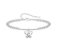Tibond Delicada pulsera de cuentas de plata S925 con colgante de iniciales de mariposa para mujeres y niñas, regalo para hija, madre, Navidad, cumpleaños, 1.2cm, Plata, No es una piedra preciosa