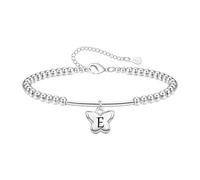 Tibond Delicada pulsera de cuentas de plata S925 con colgante de iniciales de mariposa para mujeres y niñas, regalo para hija, madre, Navidad, cumpleaños, 1.2cm, Plata, No es una piedra preciosa