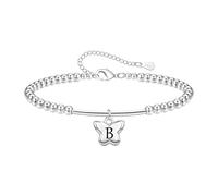 Tibond Delicada pulsera de cuentas de plata S925 con colgante de iniciales de mariposa para mujeres y niñas, regalo para hija, madre, Navidad, cumpleaños, 1.2cm, Plata, No es una piedra preciosa