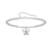 Tibond Delicada pulsera de cuentas de plata S925 con colgante de iniciales de mariposa para mujeres y niñas, regalo para hija, madre, Navidad, cumpleaños, 1.2cm, Plata, No es una piedra preciosa