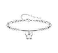 Tibond Delicada pulsera de cuentas de plata S925 con colgante de iniciales de mariposa para mujeres y niñas, regalo para hija, madre, Navidad, cumpleaños, 1.2cm, Plata, No es una piedra preciosa