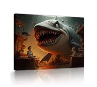 Tiburón Gigante Surrealista Lienzo Arte de Pared Gran Tiburón Blanco Saltando del Lienzo Impresión Creativa Fantasía para Sala de Juegos 45x60cm Marco interior