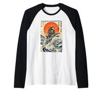 Tiburón Montando Gato Ninja | Ukiyo-e Art Camiseta Manga Raglan