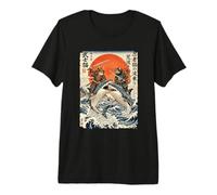 Tiburón Montando Ninja Cat | Ukiyo-e Art, Gato Samurai Camiseta Premium