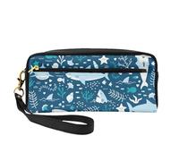 Tiburón Sonriente Animales Marinos Océano Peces Estrella De Mar Azul, Bolsa de Maquillaje Bolsa de cosméticos Bolsa de Aseo de Viaje portátil Estuche de Cuero para Mujeres y niñas