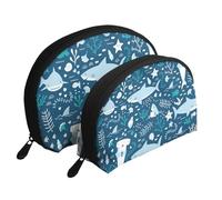 Tiburón Sonriente Animales Marinos Peces Estrella De Mar Azul, Bolsa de Maquillaje de Concha, Monedero pequeño para Mujer, Bolsa de artículos de tocador, Bolsa de cosméticos, 2 Piezas