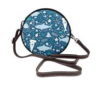 Tiburón sonriente Animales marinos Peces Estrella de mar Azul,Bolso de hombro de piel sintética, bolso cruzado redondo - Bolso circular para mujer