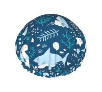 Tiburón sonriente Animales marinos Peces Estrellas de mar Azul,Gorro de ducha, gorro de noche, gorro de baño elástico impermeable de doble capa, reutilizable para el cabello.