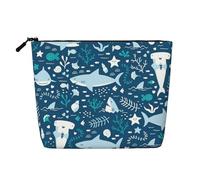 Tiburón Sonriente Animales Marinos Peces Estrellas de mar Azul,Neceser de Maquillaje de imitación Lino, Neceser de Viaje portátil