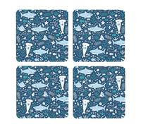 Tiburón Sonriente Animales Marinos Peces Estrellas de mar Azul,Posavasos Cuadrados de Corcho MDF, Almohadilla para Tazas, Juego de 4 Posavasos para Bebidas