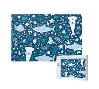 Tiburón Sonriente Animales Marinos Peces Estrellas de mar Azul,Rompecabezas de Madera de 1000 Piezas para Adultos y Adolescentes.